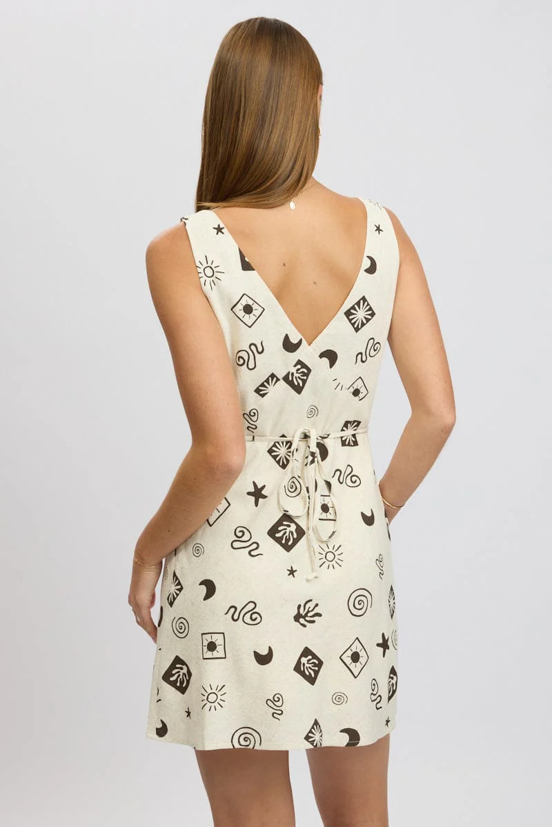 Beige Abstract A Line Mini Dress Sleeveless - Image 5