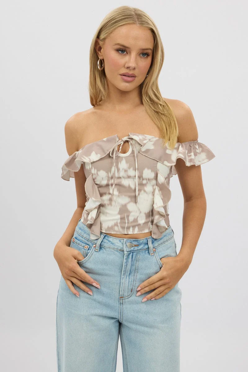 Beige Abstract Frilled Top Sleeveless Off Shoulder Chiffon - Image 3