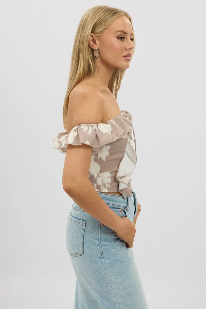 Beige Abstract Frilled Top Sleeveless Off Shoulder Chiffon - Image 4