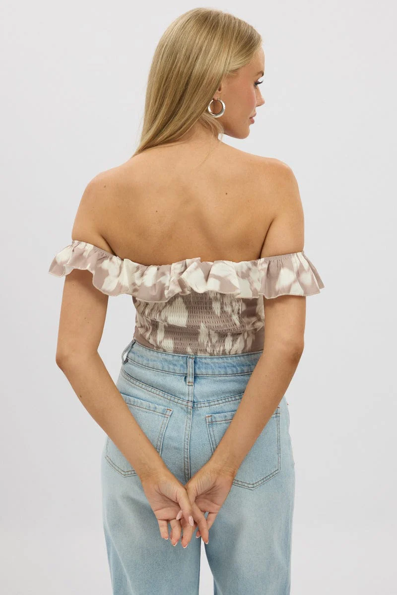 Beige Abstract Frilled Top Sleeveless Off Shoulder Chiffon - Image 5