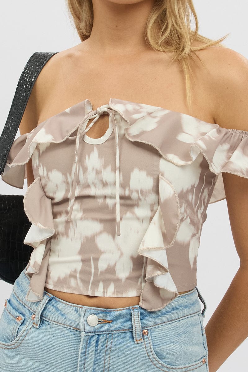 Beige Abstract Frilled Top Sleeveless Off Shoulder Chiffon - Image 6