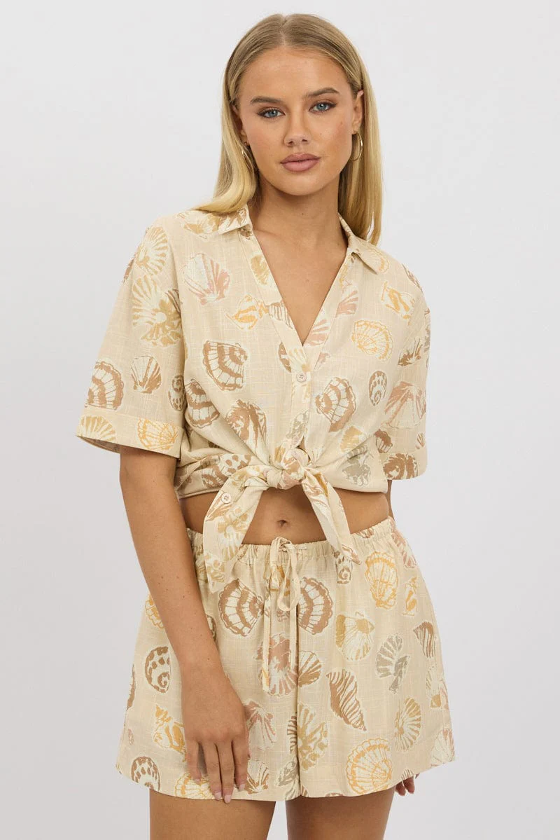 Beige Abstract Relaxed Shirt Short Sleeve Linen Blend - Image 2