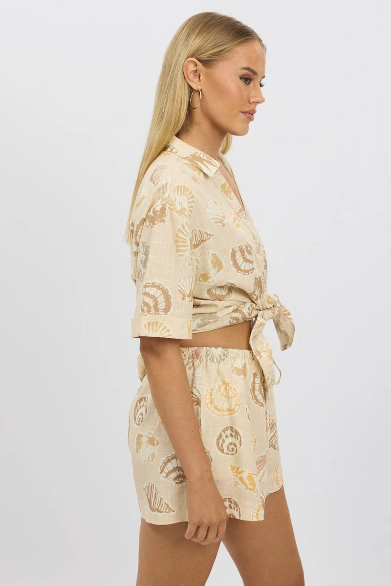Beige Abstract Relaxed Shirt Short Sleeve Linen Blend - Image 4