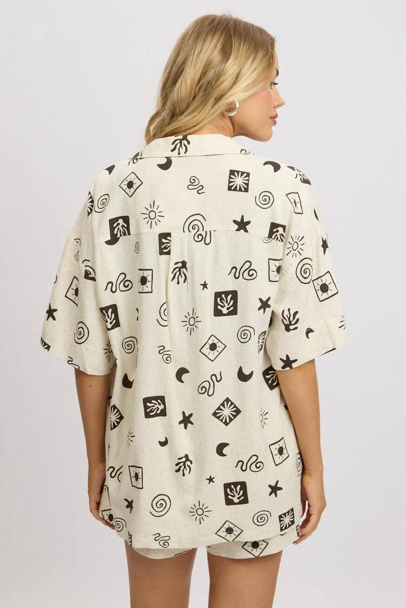 Beige Abstract Relaxed Shirt Short Sleeve Linen Blend - Image 5