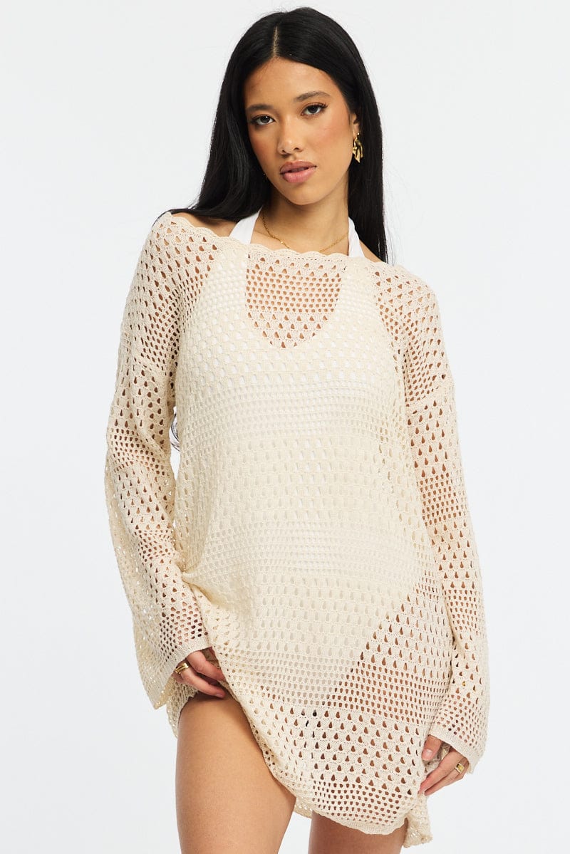 Beige Beach Dress Cover Up Long Sleeve - Image 2