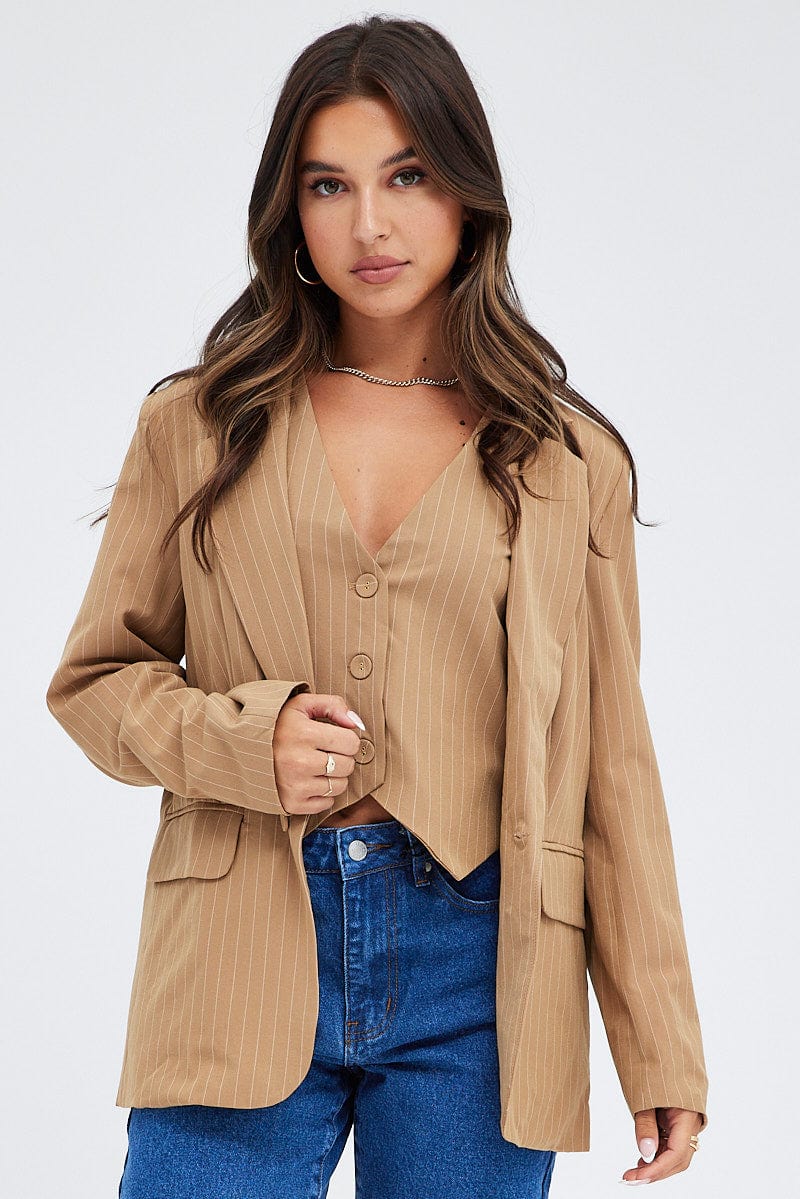 Beige Blazer Long Sleeve Tailored Single Breasted - Image 3