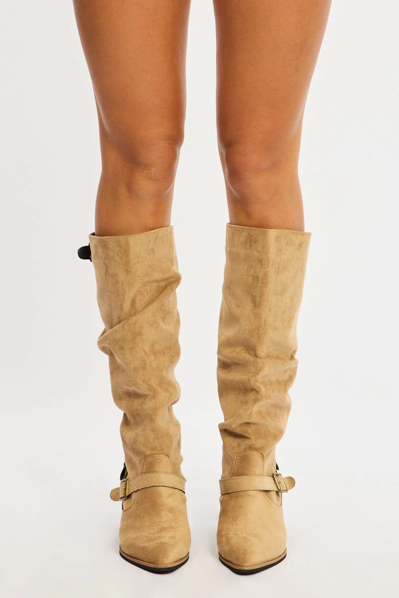Beige Buckle Detail Cowboy Boots - Image 2