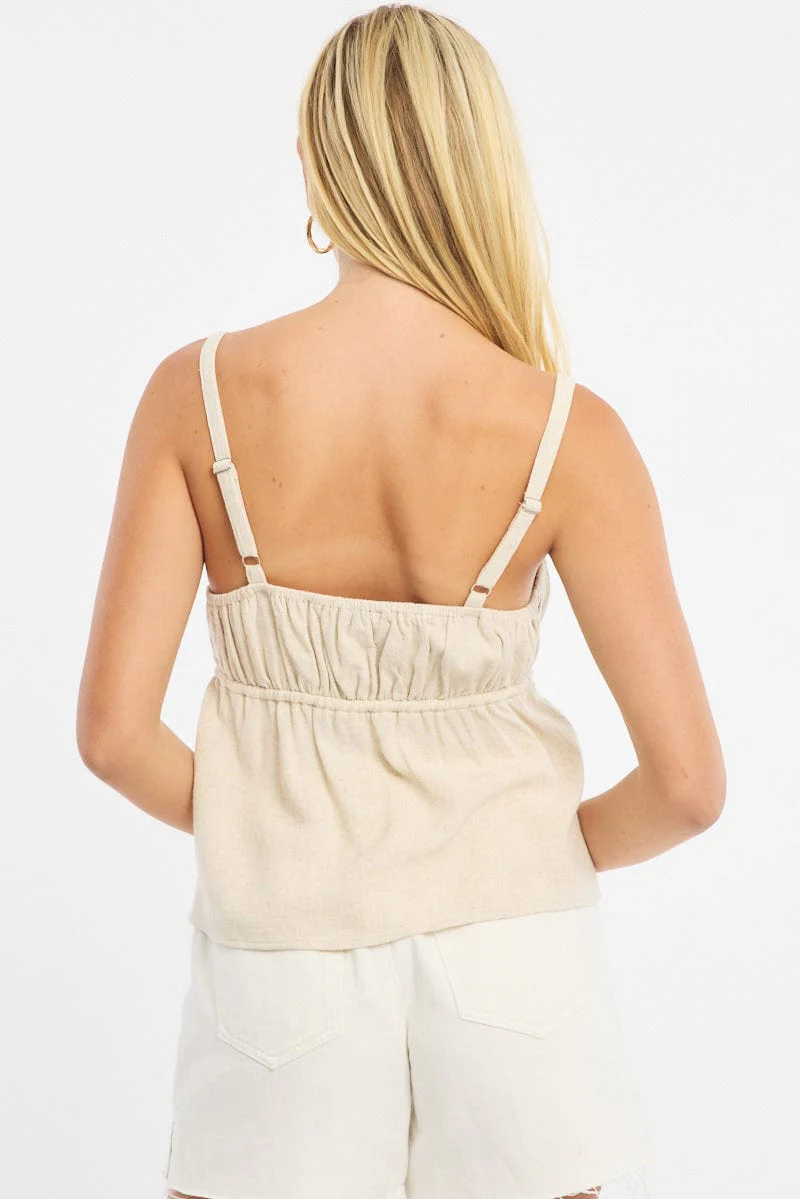 Beige Cami Top Sleeveless Front Tie Babydoll Linen Blend - Image 4