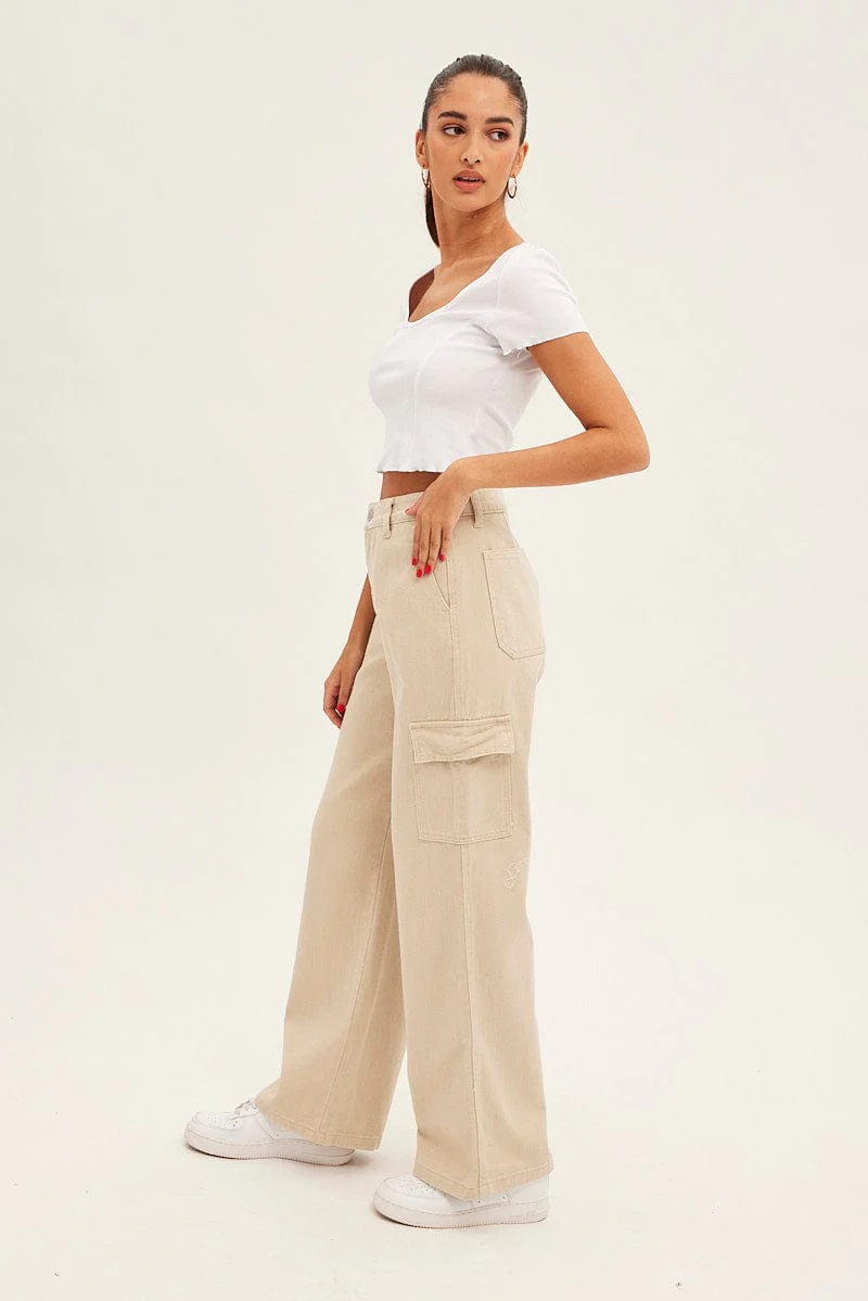 Beige Cargo Denim Jeans High Rise - Image 4