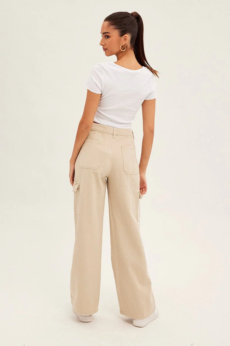 Beige Cargo Denim Jeans High Rise - Image 5
