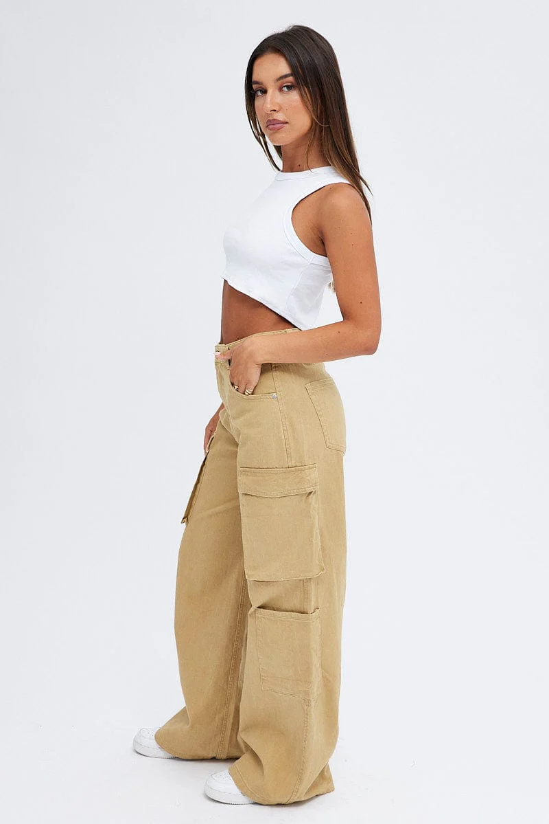 Beige Cargo Jeans Wide Leg Mid Rise - Image 4