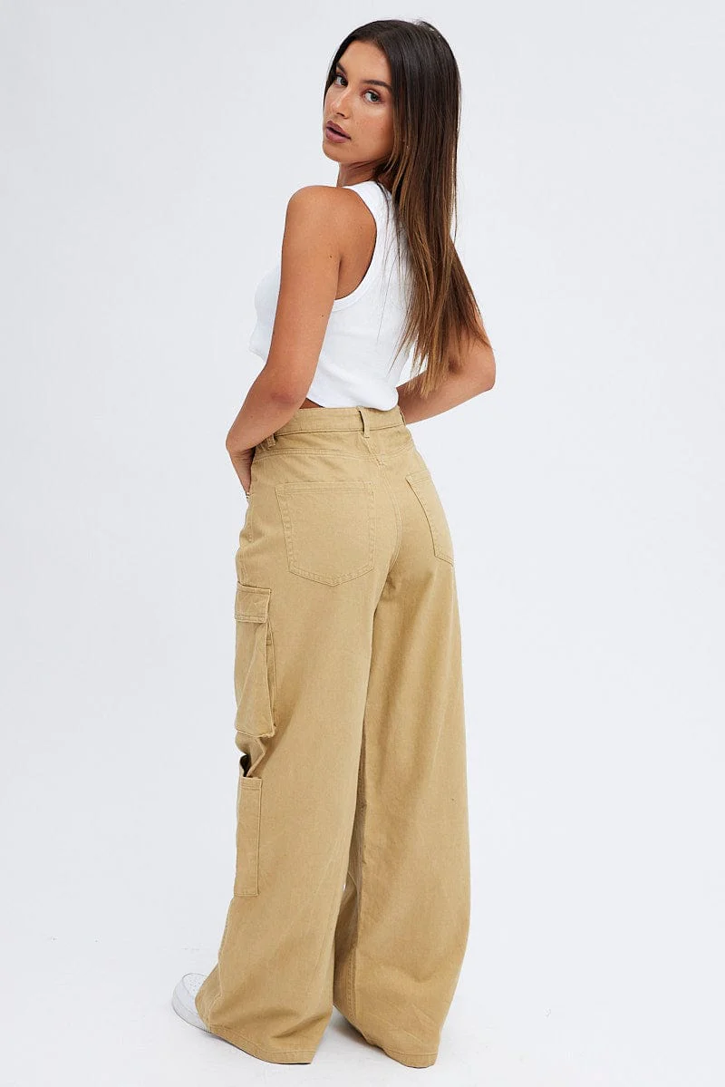 Beige Cargo Jeans Wide Leg Mid Rise - Image 5