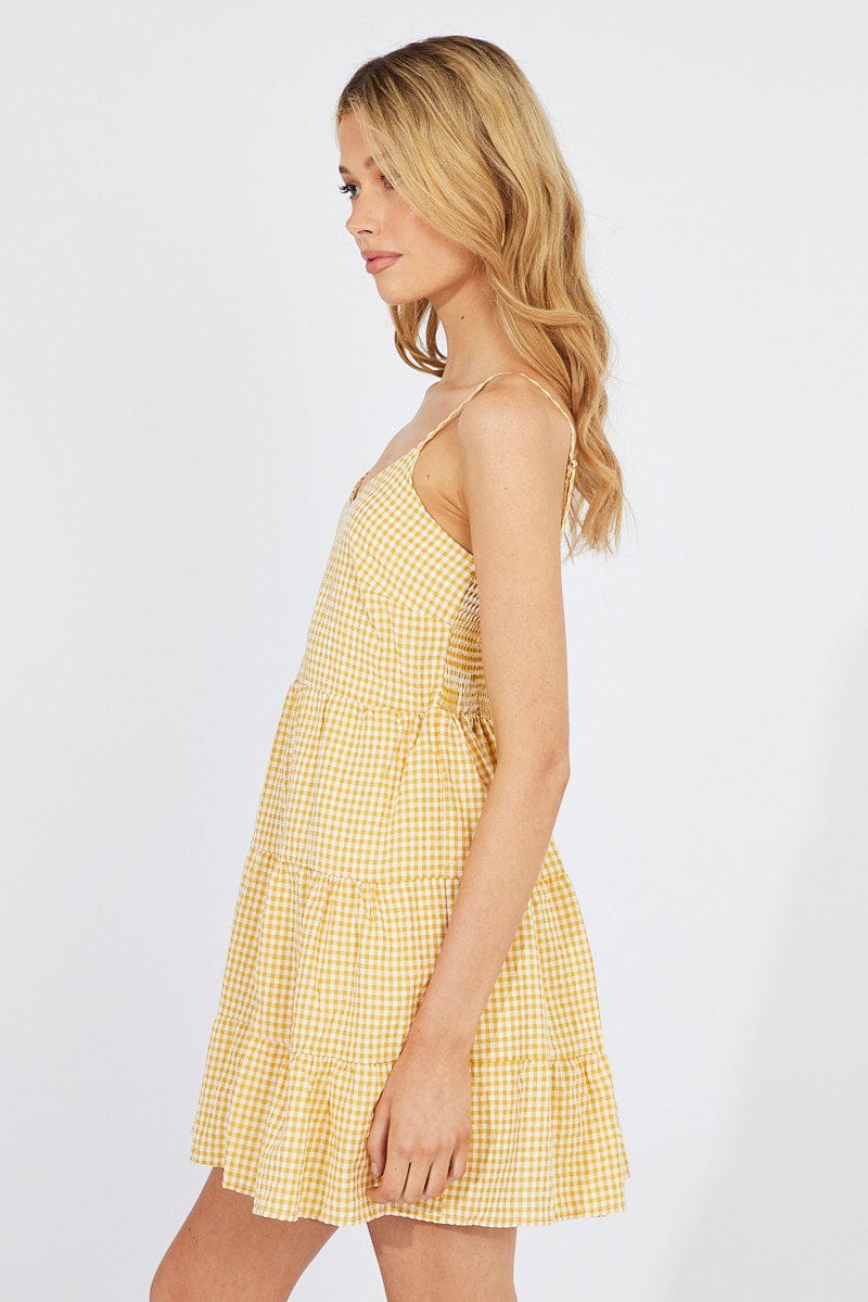 Beige Check Fit and Flare Dress Sleeveless Tiered - Image 4