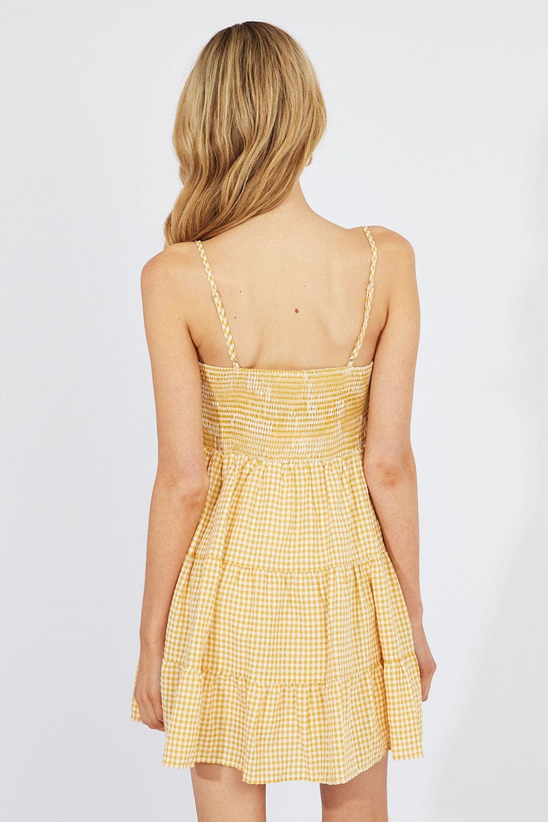 Beige Check Fit and Flare Dress Sleeveless Tiered - Image 5