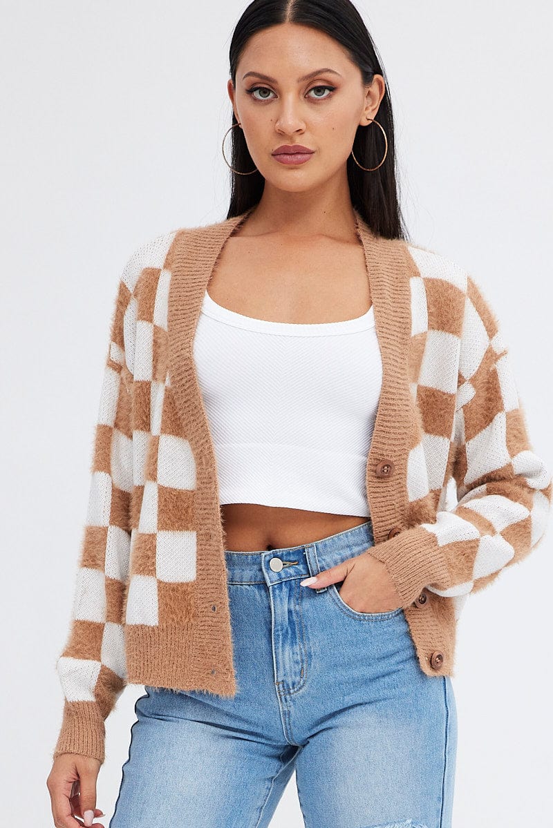 Beige Check Oversized Cardigan - Image 3