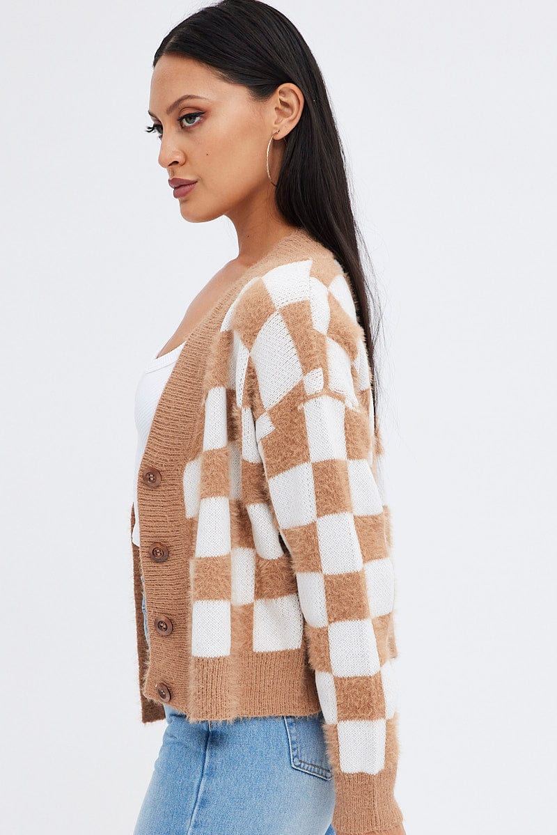 Beige Check Oversized Cardigan - Image 4