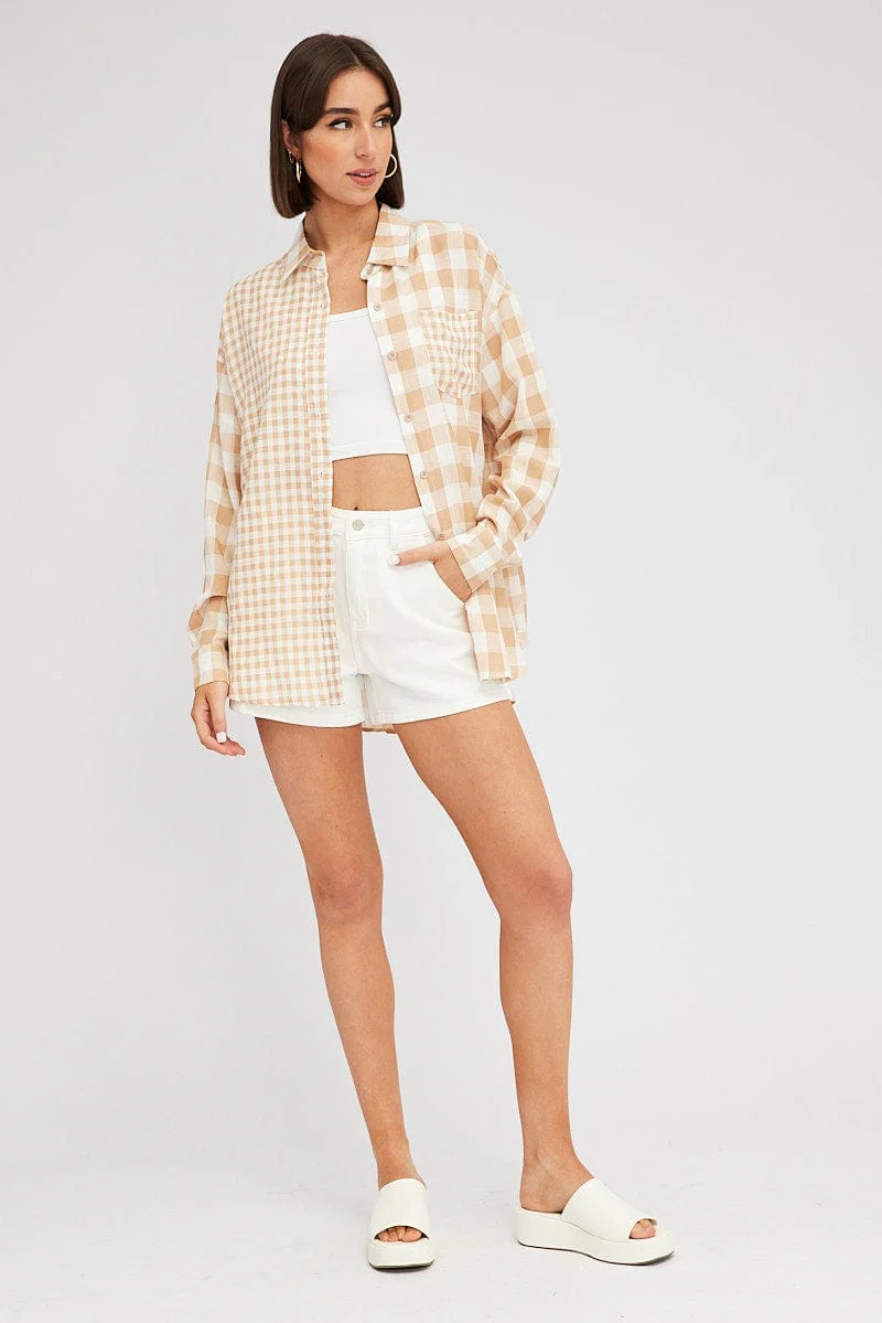 Beige Check Shirt Long Sleeve Collared Neck - Image 2