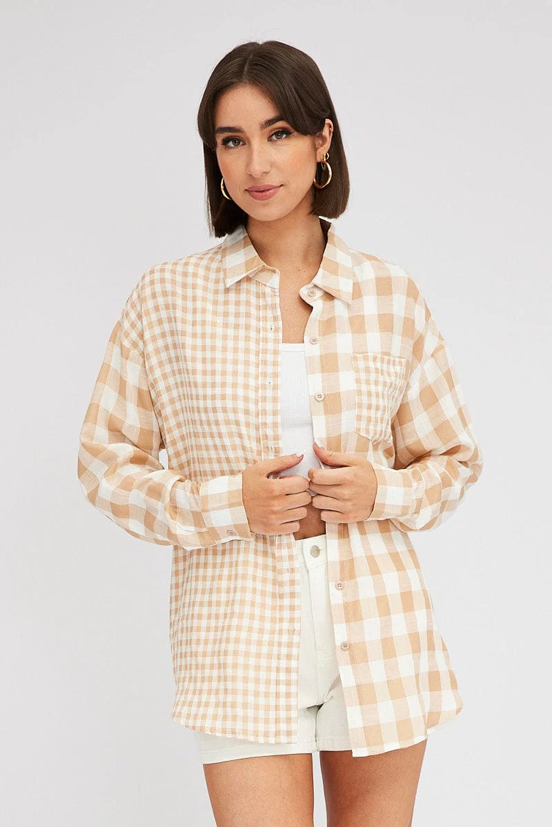 Beige Check Shirt Long Sleeve Collared Neck - Image 3