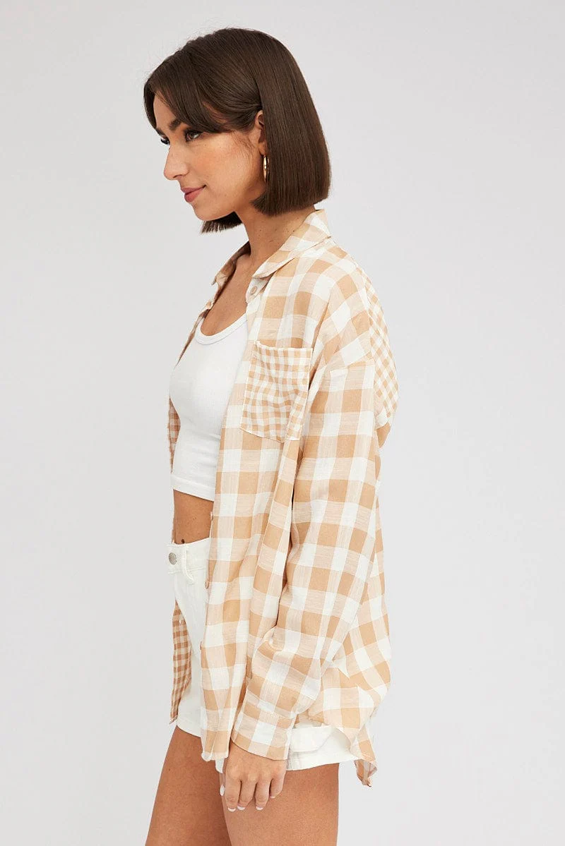 Beige Check Shirt Long Sleeve Collared Neck - Image 4