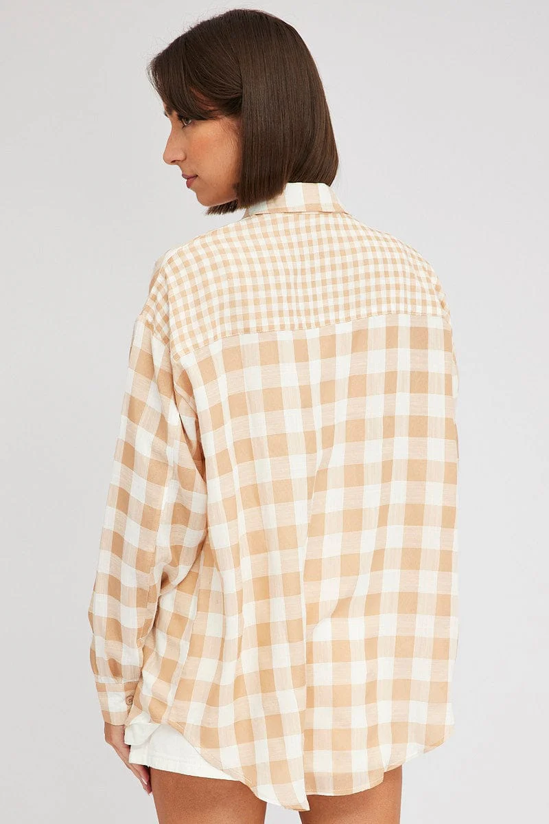 Beige Check Shirt Long Sleeve Collared Neck - Image 5