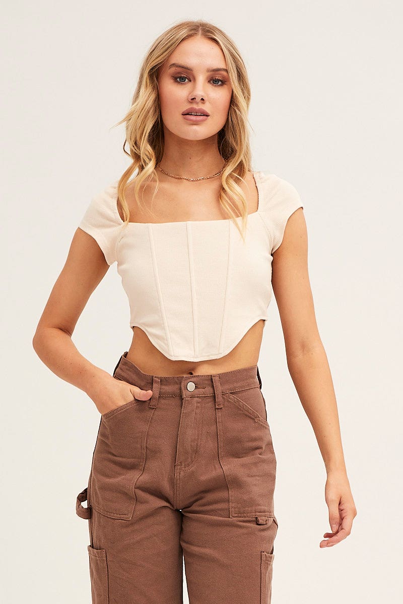 Beige Corset Crop Top Short Sleeve Square Neck - Image 3