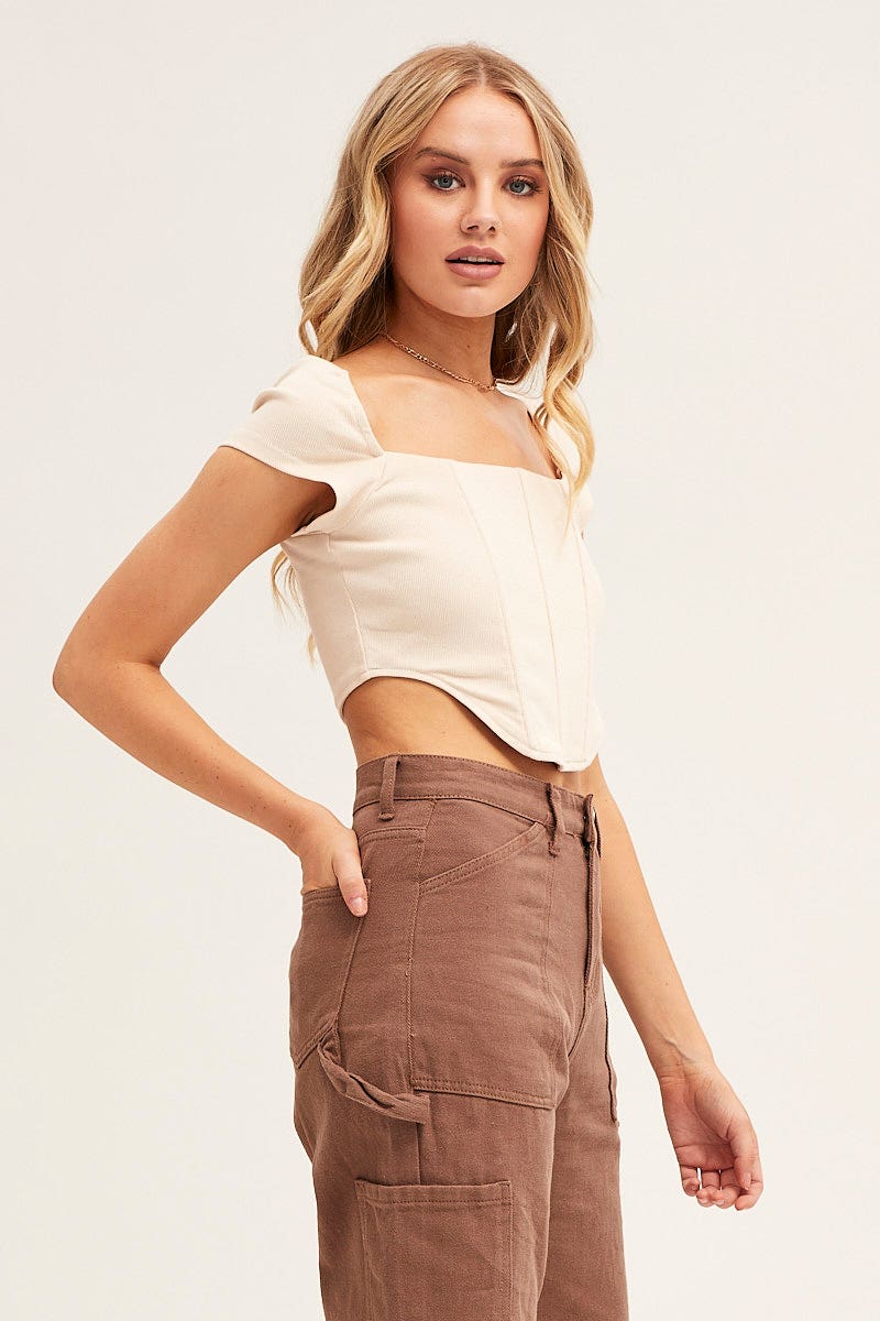 Beige Corset Crop Top Short Sleeve Square Neck - Image 4
