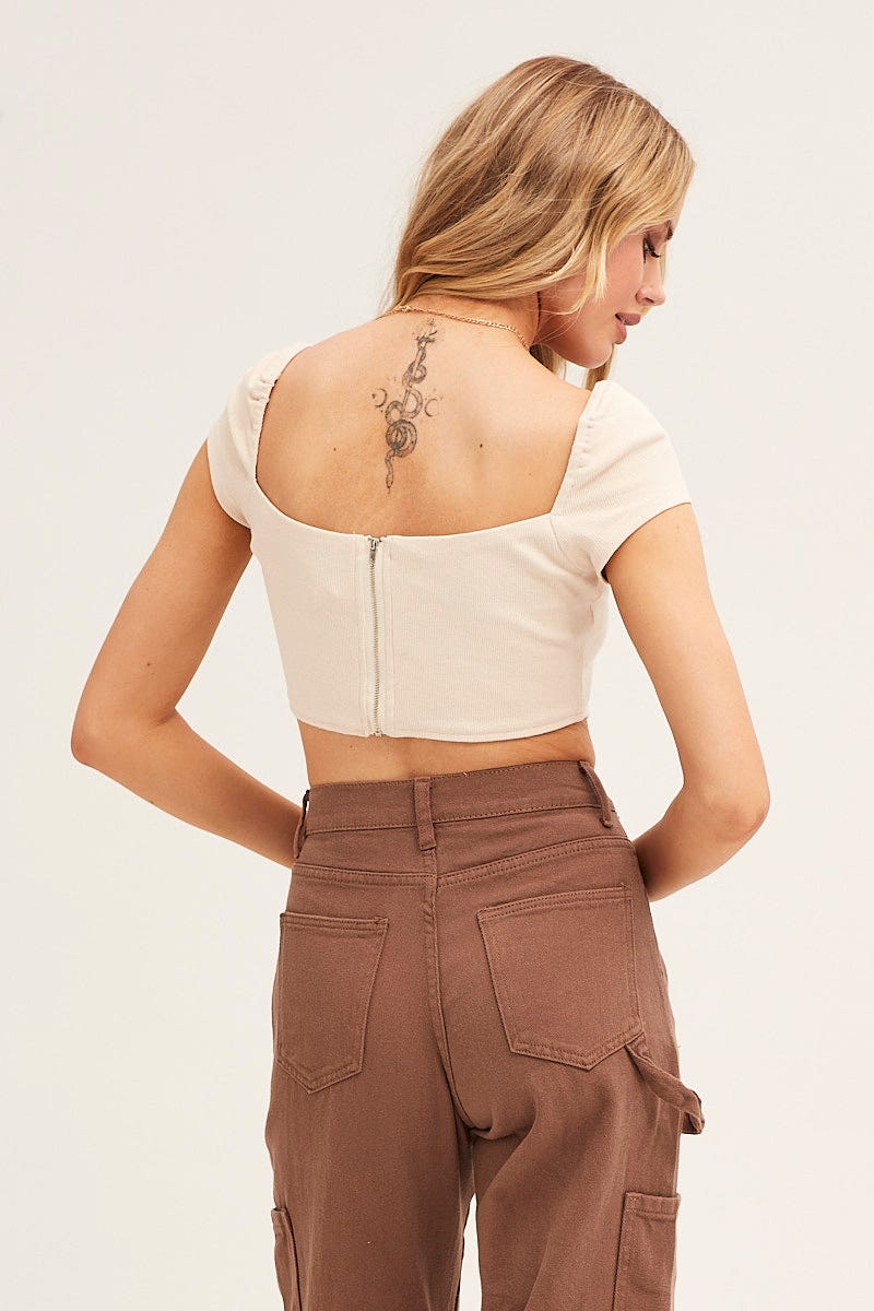 Beige Corset Crop Top Short Sleeve Square Neck - Image 8