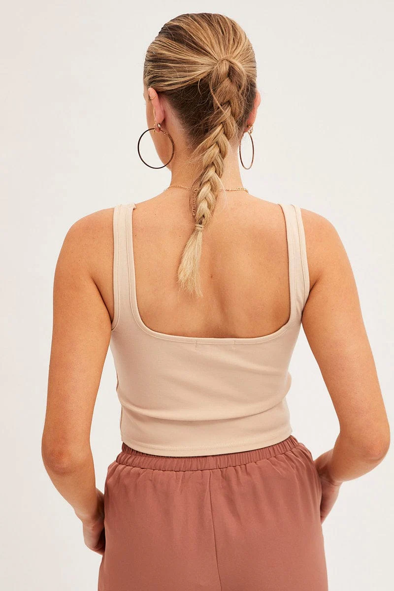 Beige Corset Tank Sleeveless Square Neck Crop Curved Hem - Image 5