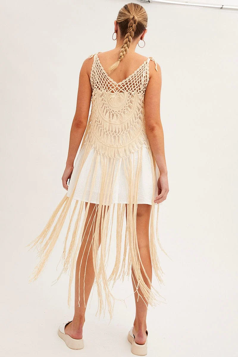 Beige Crochet Beach Pullover Dress Cover Up - Image 5