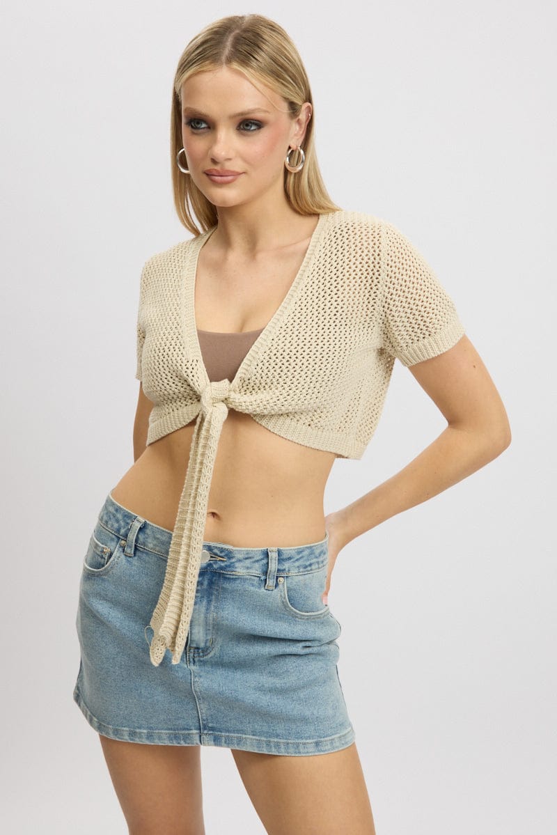 Beige Crochet Knit Cardigan Tie Up - Image 3