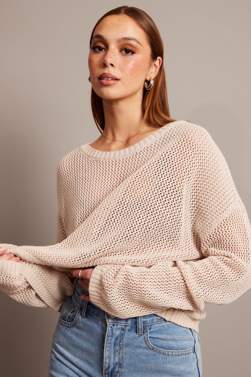 Beige Crochet Knit Top Boat Neck Long Sleeve - Image 3