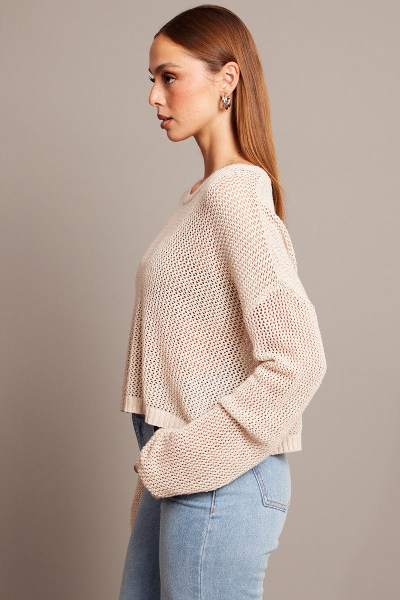 Beige Crochet Knit Top Boat Neck Long Sleeve - Image 4