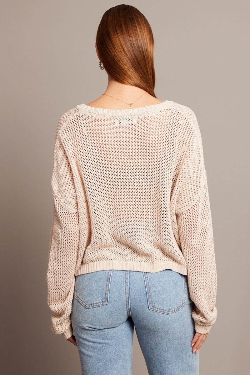 Beige Crochet Knit Top Boat Neck Long Sleeve - Image 5