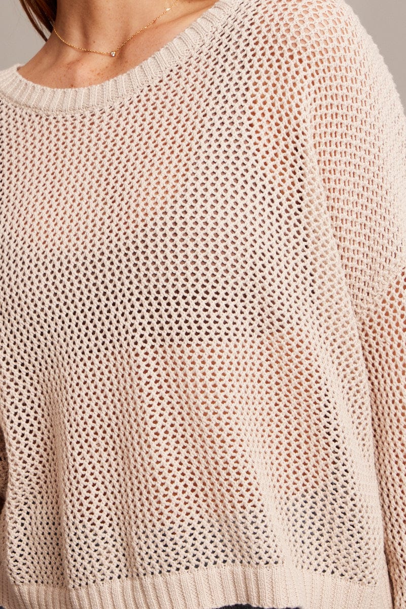Beige Crochet Knit Top Boat Neck Long Sleeve - Image 6