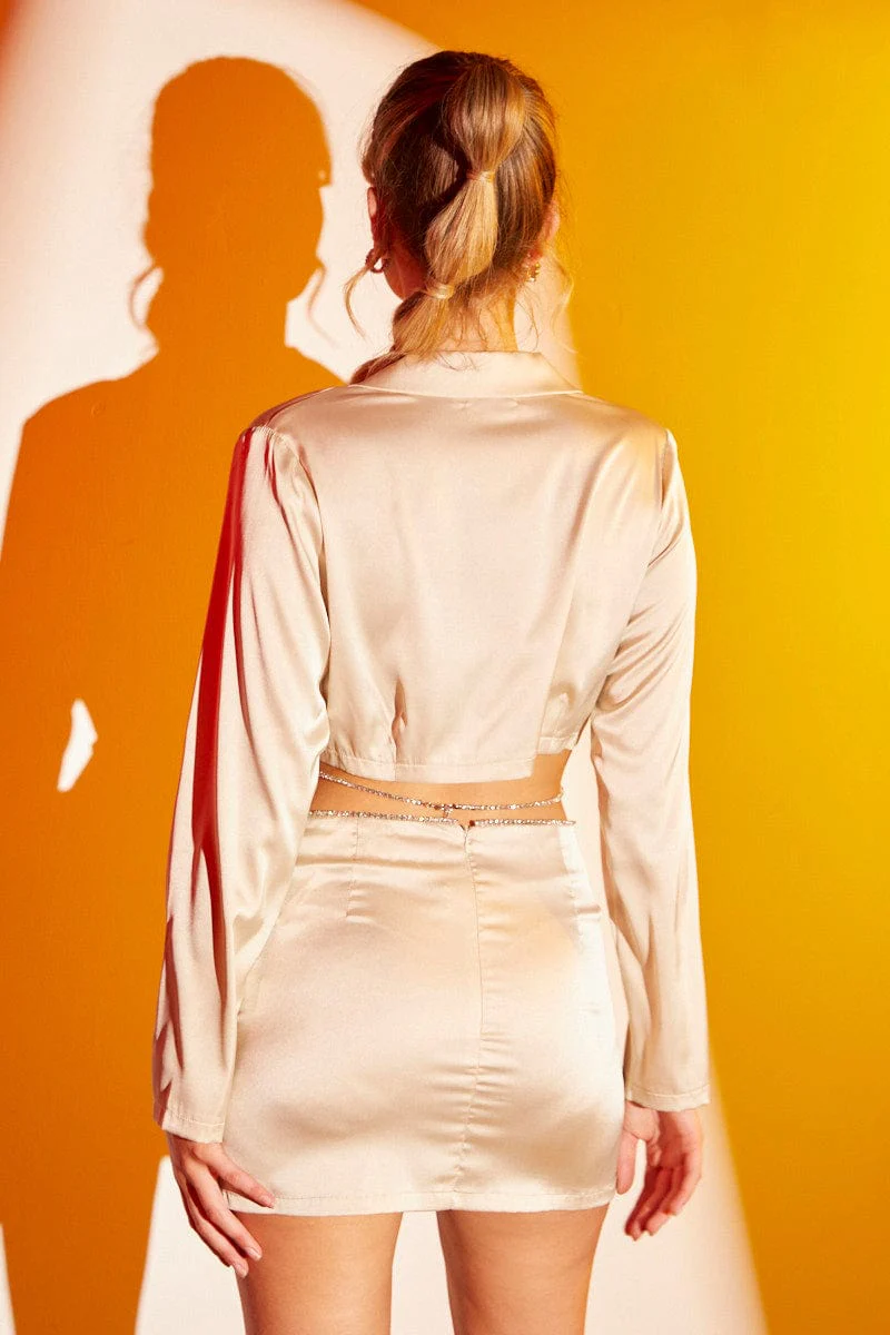 Beige Crop Blazer Wrap Diamante Jewel Tie Satin - Image 5