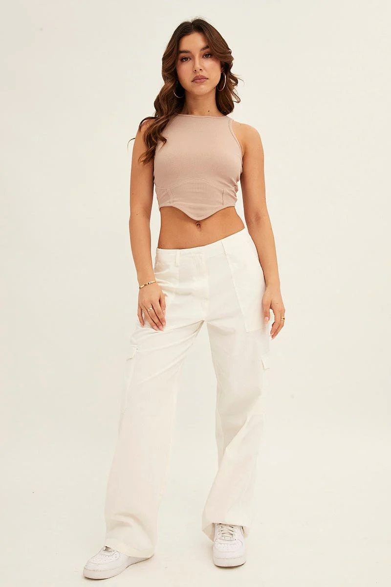 Beige Crop Top Sleeveless Round Neck Rib Jersey Corset - Image 3