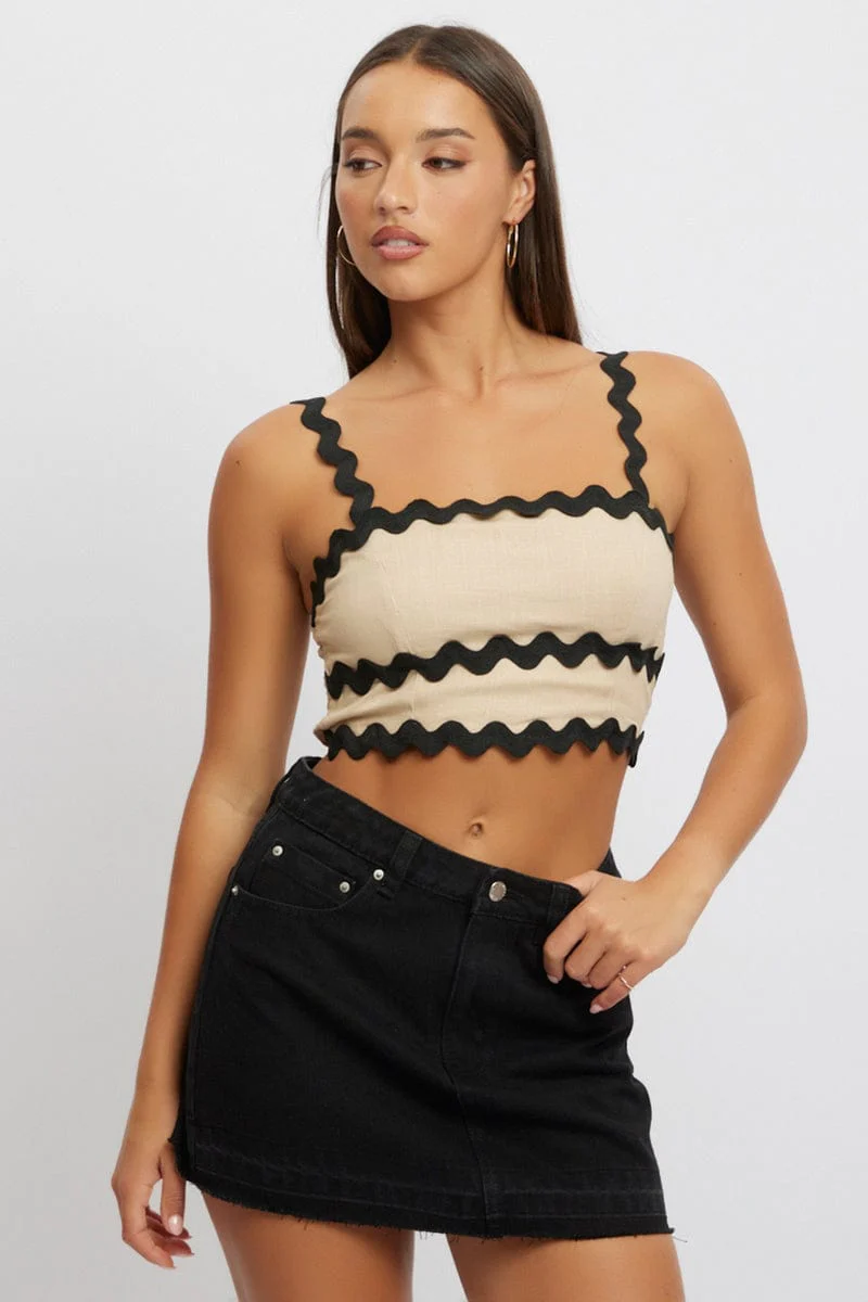 Beige Crop Top Sleeveless Shirred Back