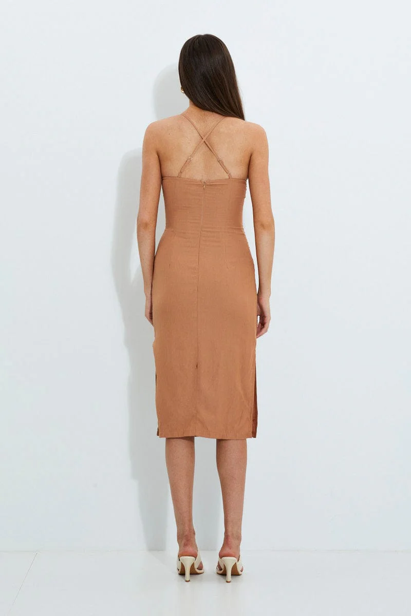 Beige Designer Linen Look Racer Neck Midi Dress - Image 5