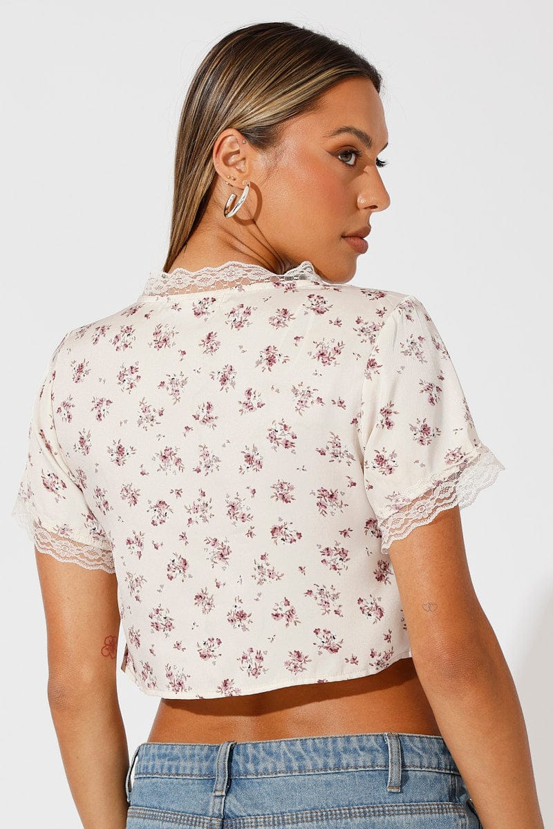 Beige Ditsy Tie Cardigan Short Sleeve - Image 5