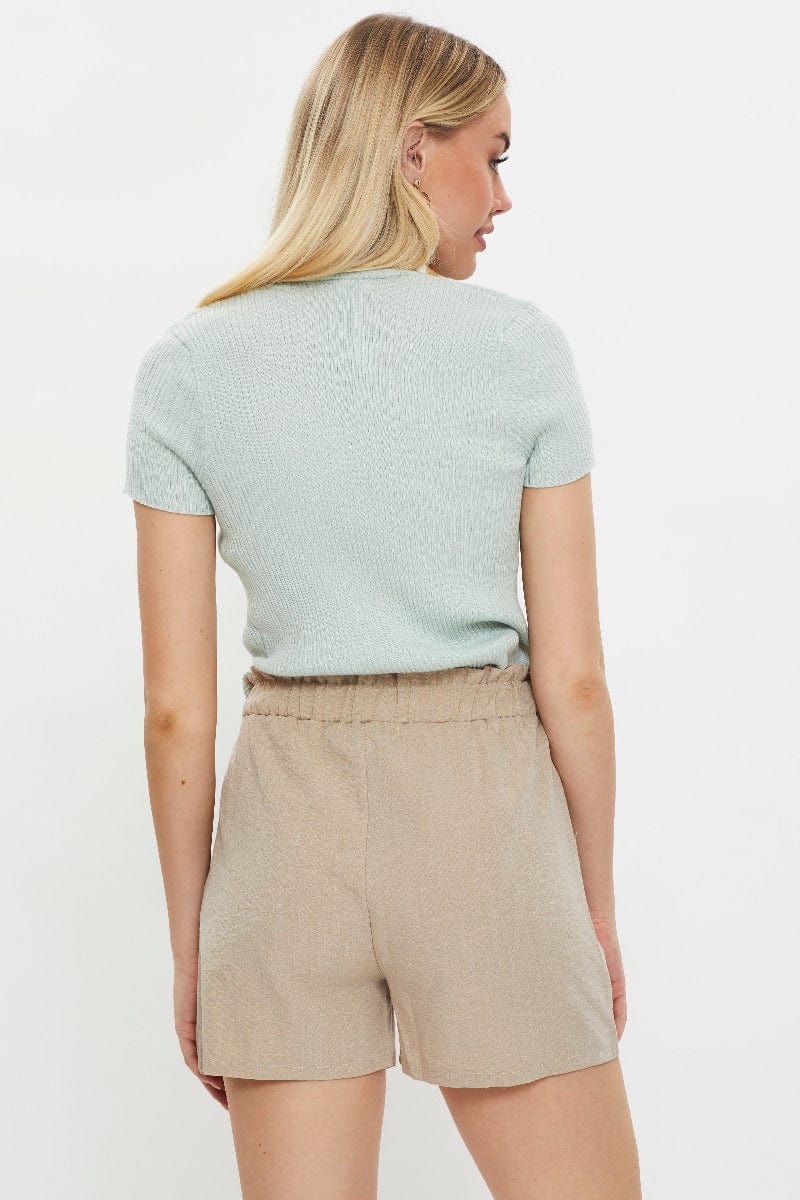 Beige Elastic Waist Textured Tie Short - Image 5