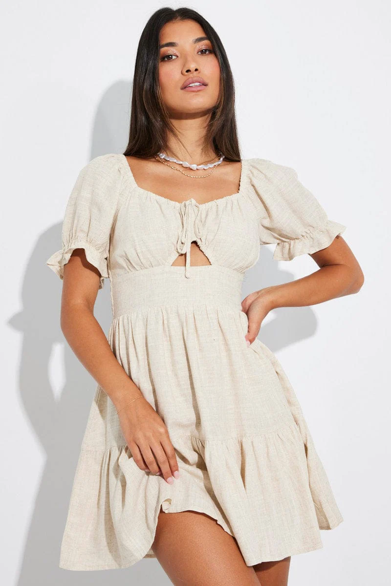 Beige Fit and Flare Dress Short Sleeve Linen Blend - Image 3