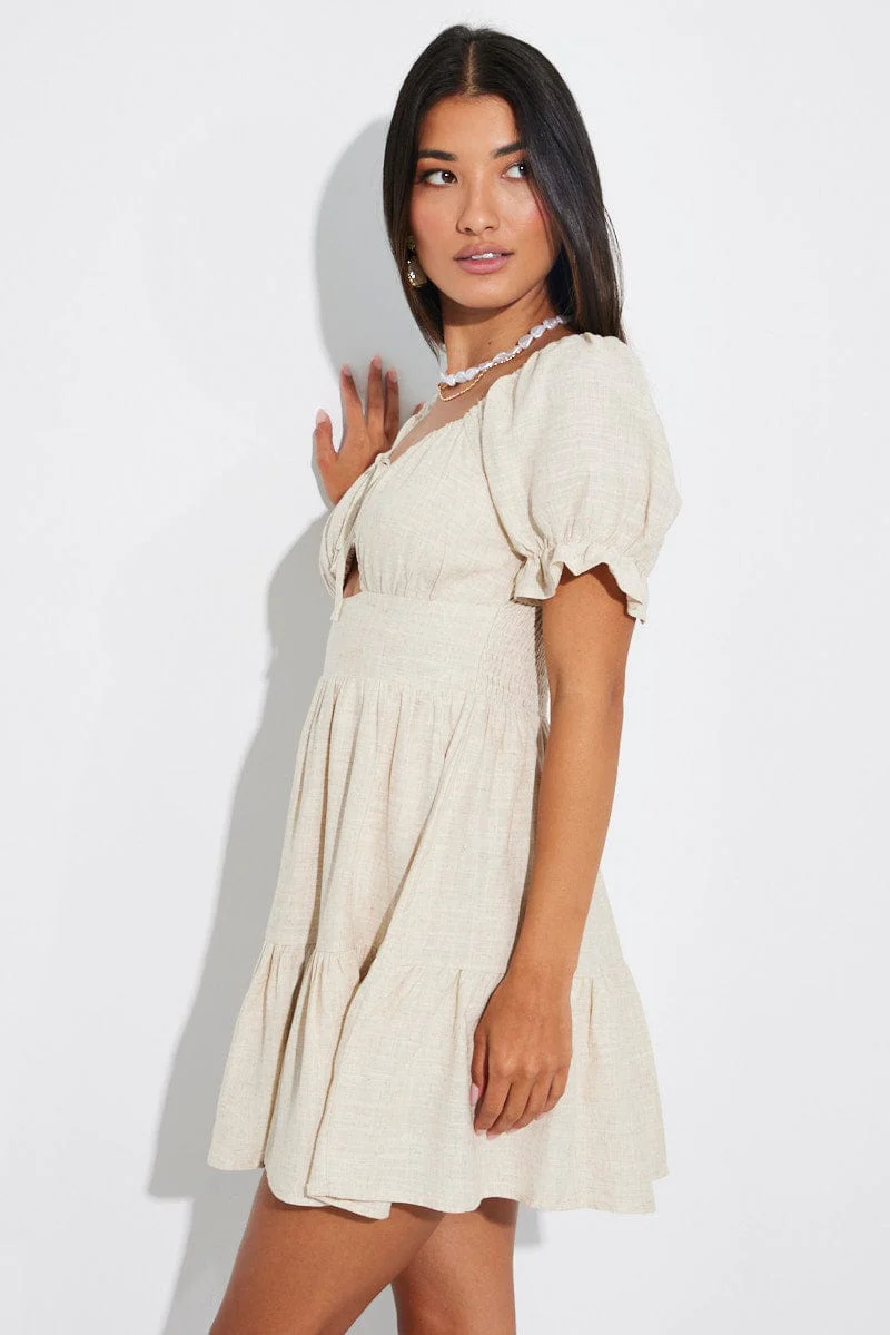 Beige Fit and Flare Dress Short Sleeve Linen Blend - Image 4