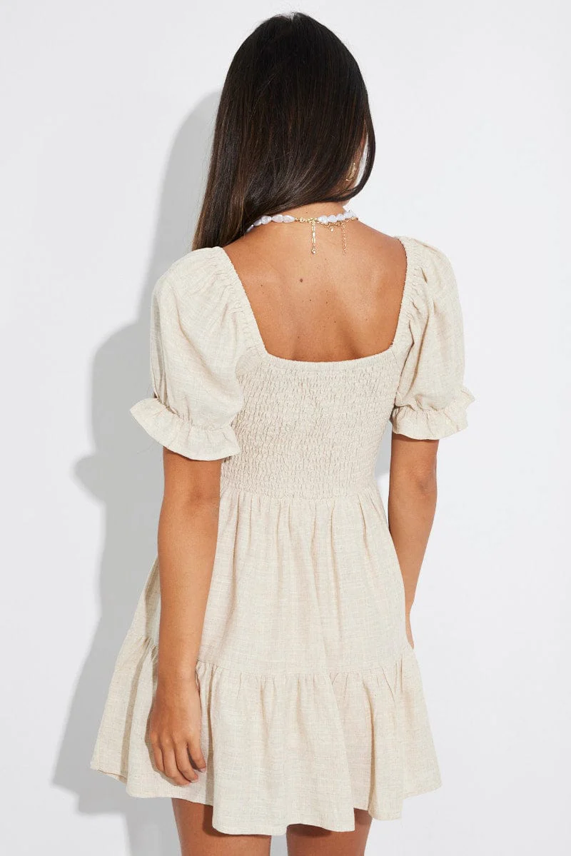 Beige Fit and Flare Dress Short Sleeve Linen Blend - Image 5