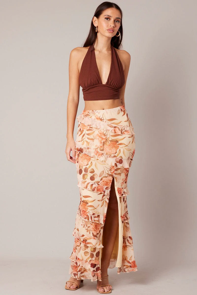 Beige Floral Ruffle Tiered Side Split Maxi Skirt - Image 3