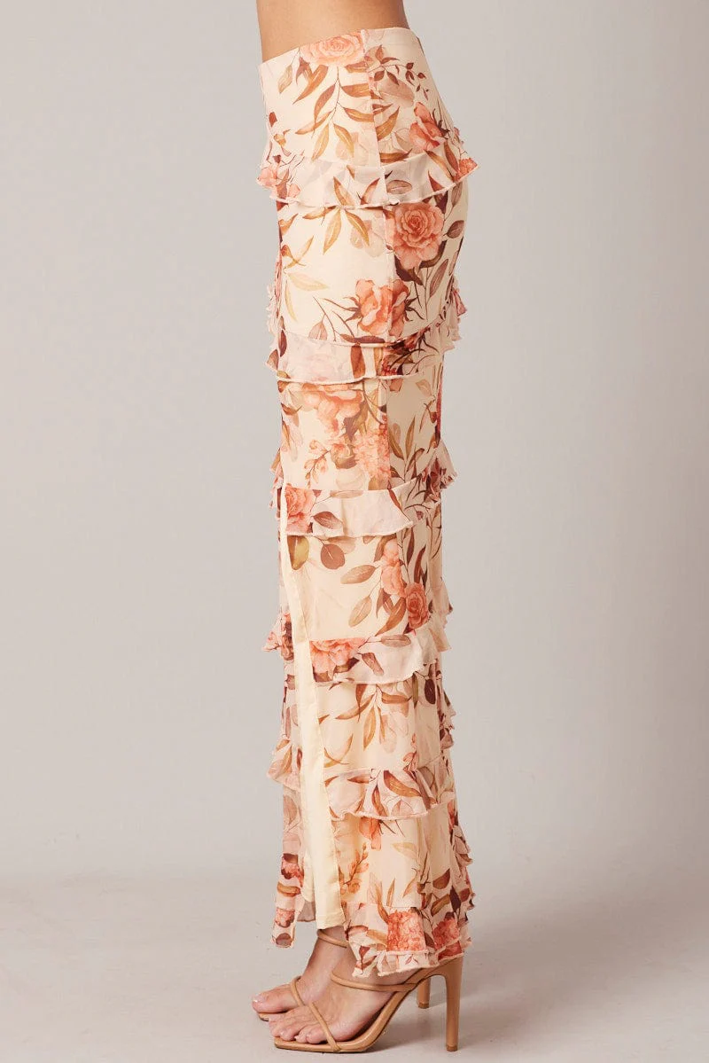 Beige Floral Ruffle Tiered Side Split Maxi Skirt - Image 4