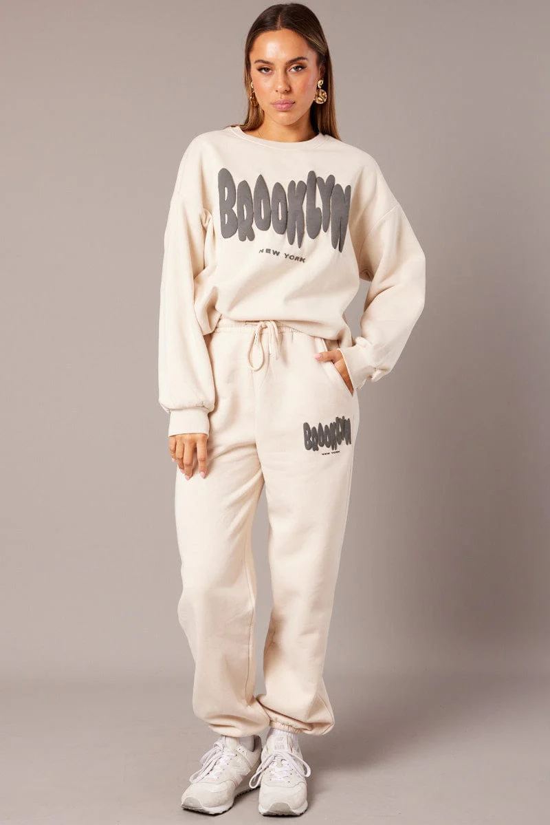 Beige Graphic Sweater Long Sleeve - Image 3