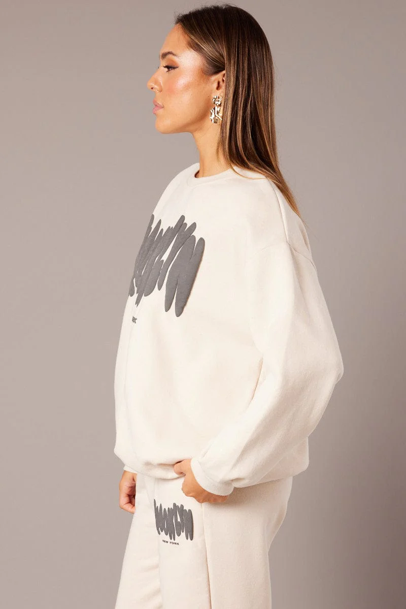 Beige Graphic Sweater Long Sleeve - Image 4