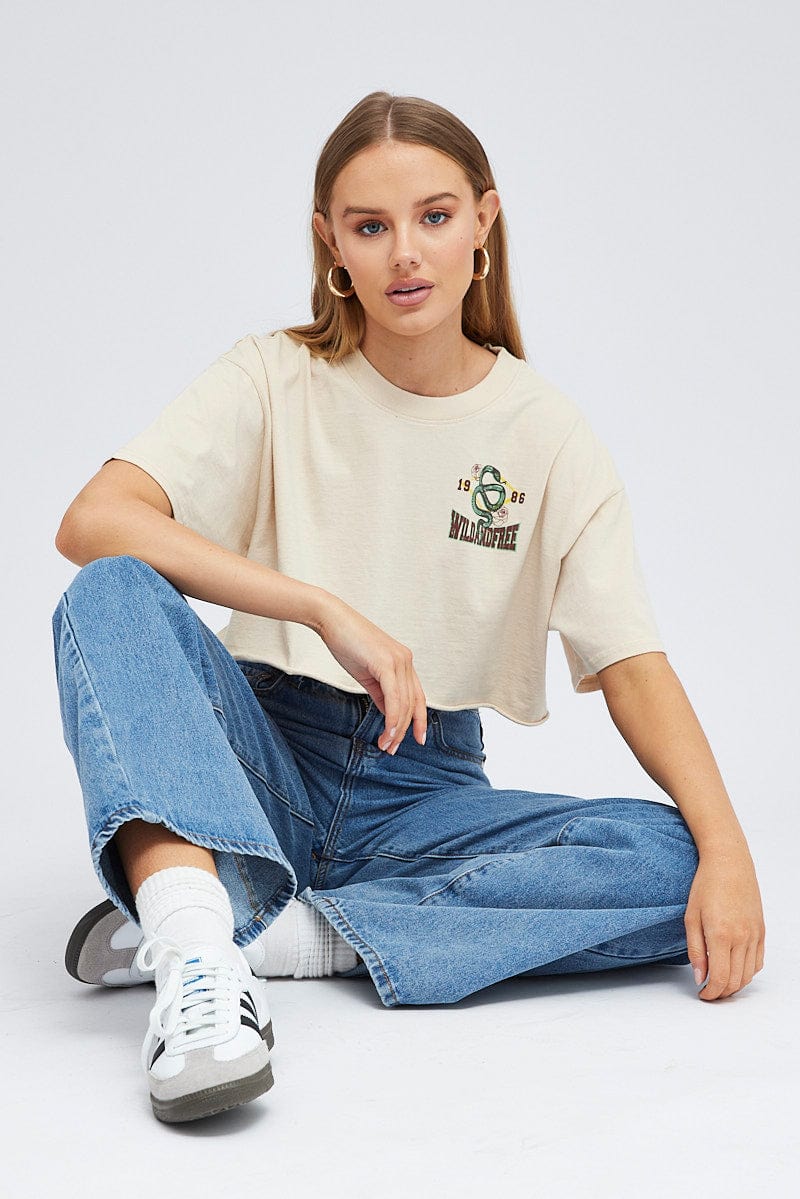 Beige Graphic Tee Short Sleeve Crop Crew Neck - Image 2
