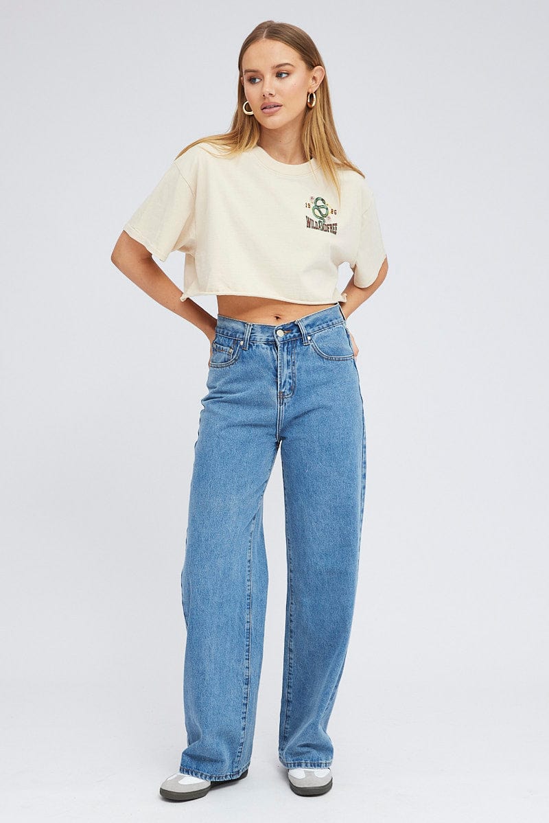 Beige Graphic Tee Short Sleeve Crop Crew Neck - Image 3