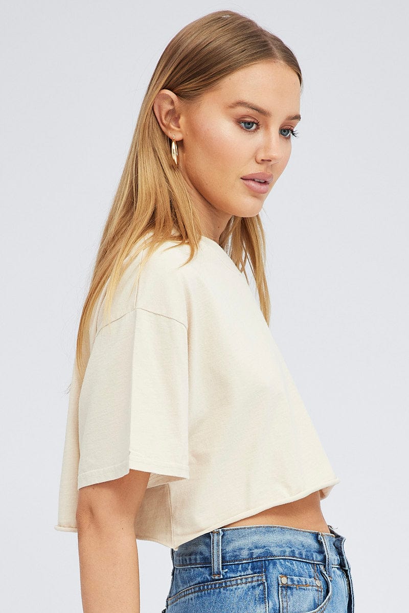 Beige Graphic Tee Short Sleeve Crop Crew Neck - Image 5